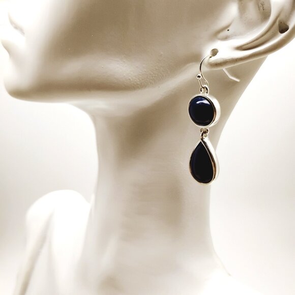 Liz Claiborne Two-tier Drop-Dangle Earrings Deep Navy Silver-tone Bezel - Picture 11 of 11